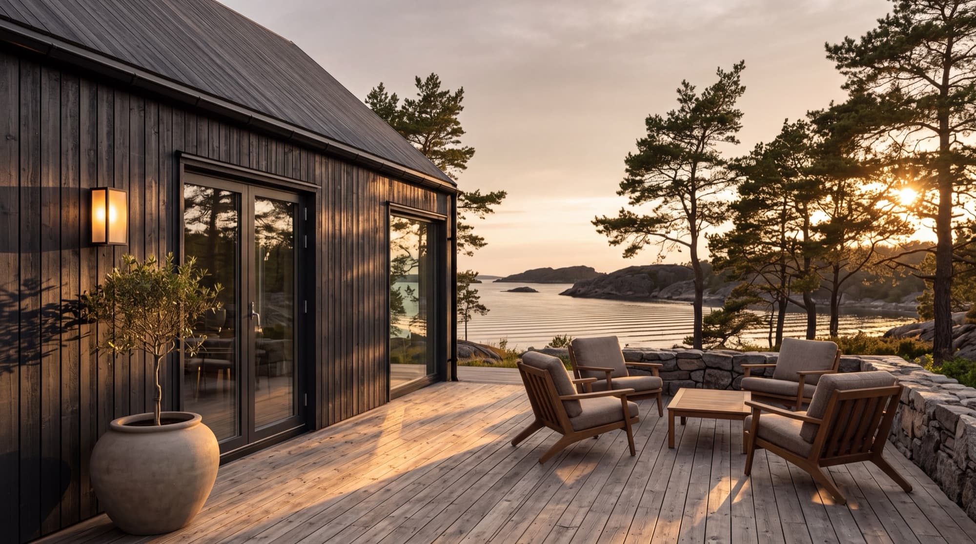 Hus i Roslagen med altan och utsikt över vattnet, byggt av Kreativ Bygg och Solenergi