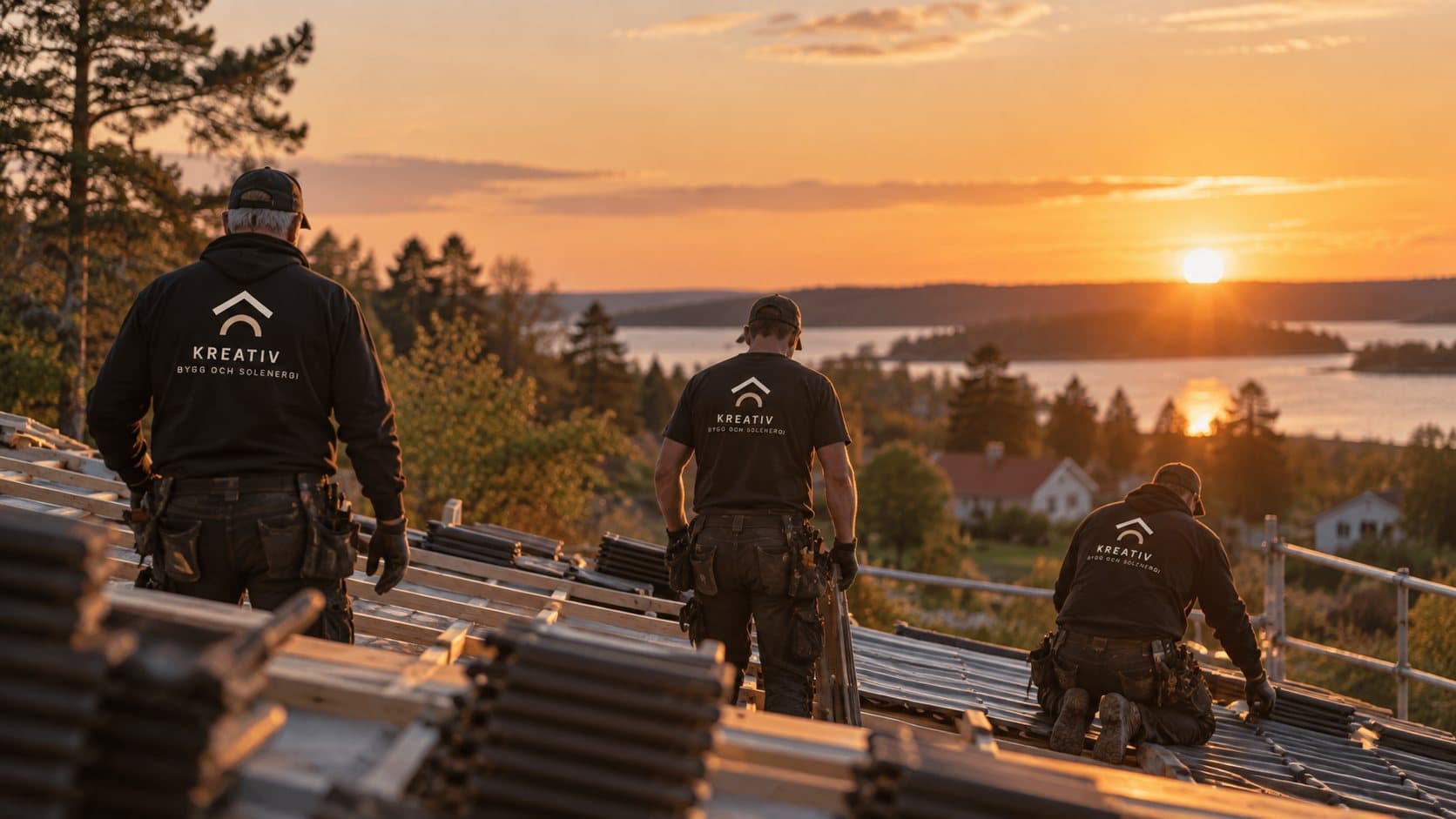 Tre hantverkare i Kreativ Bygg och Solenergis arbetskläder på ett tak i kvällssol